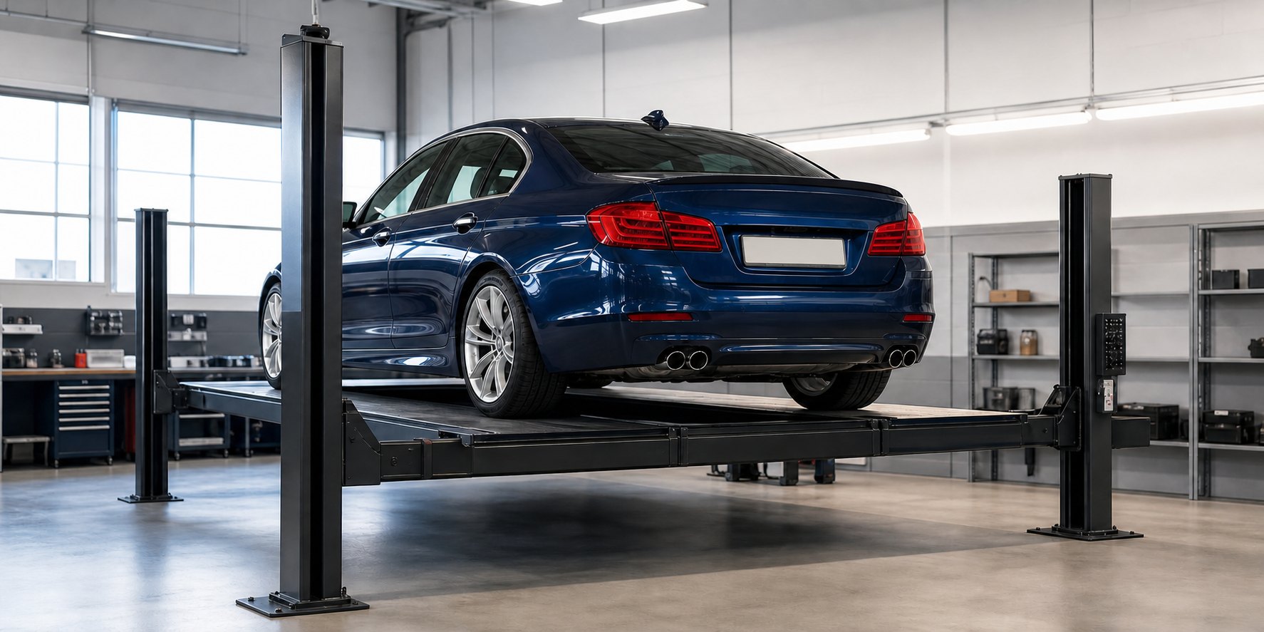 AI-generated editorial image of an unbranded blue sedan on a four-post lift in a clean independent workshop; not a Stuttgart Motors shop photograph.