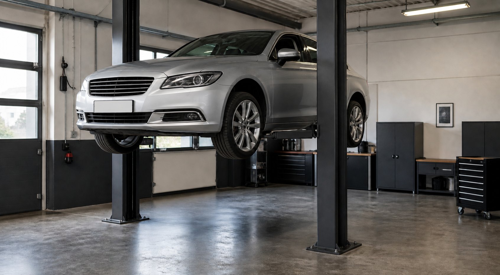 AI-generated editorial image of an unbranded silver sedan on a lift in a clean independent repair shop; not a Stuttgart Motors shop photograph.