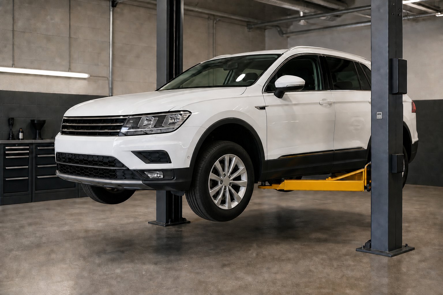 AI-generated editorial image of an unbranded white crossover on a two-post lift in a clean independent workshop; not a Stuttgart Motors shop photograph.