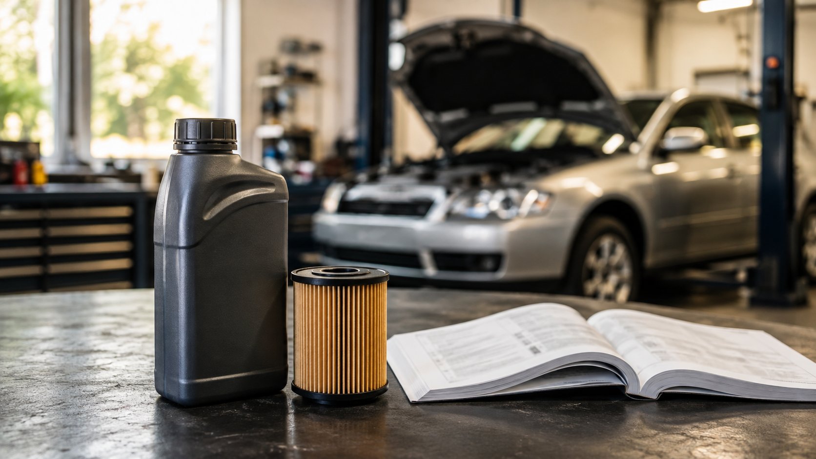 AI-generated editorial image of an unbranded oil bottle, cartridge filter, and handbook on a workshop counter; not a Stuttgart Motors photograph.
