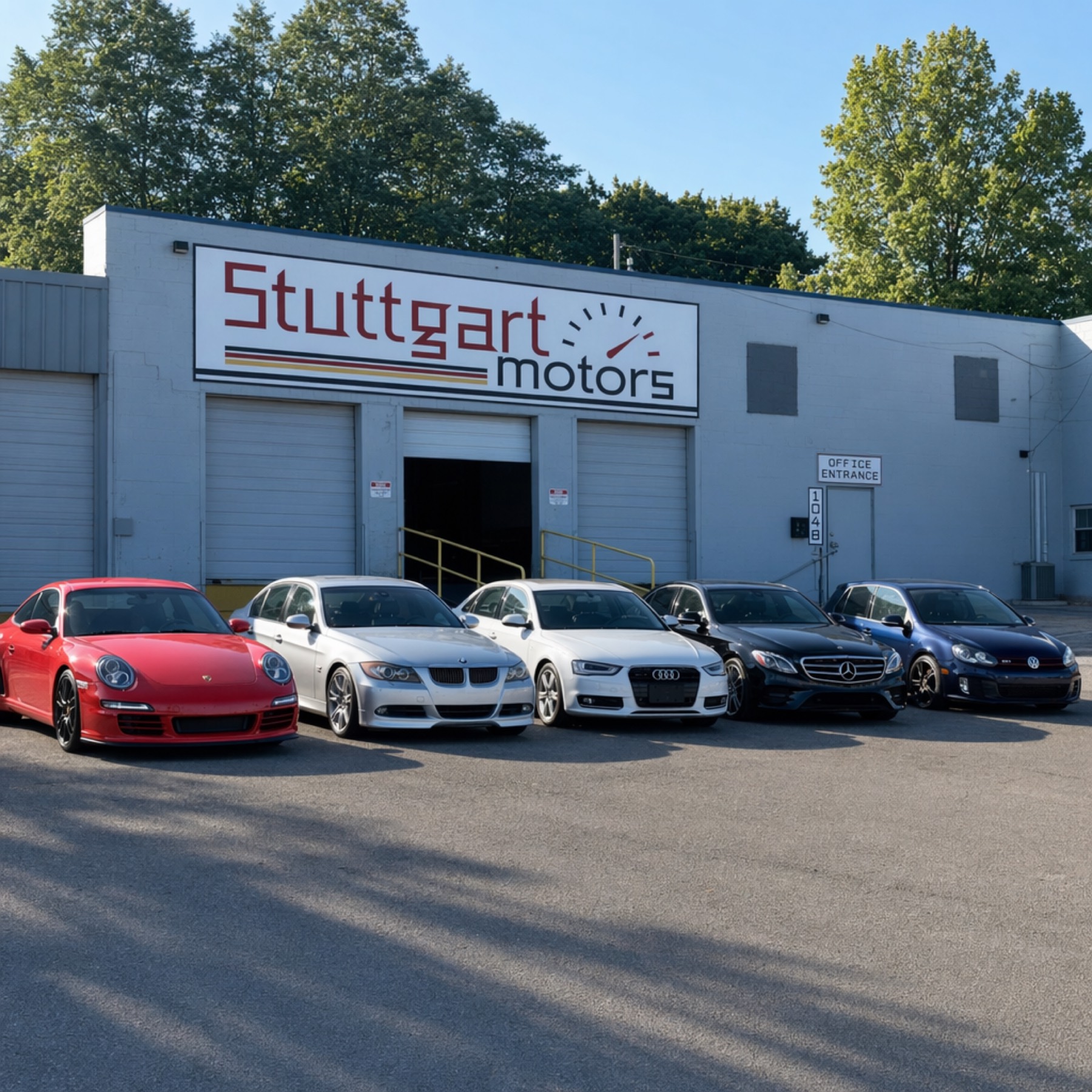 European cars lined up outside Stuttgart Motors Eastland