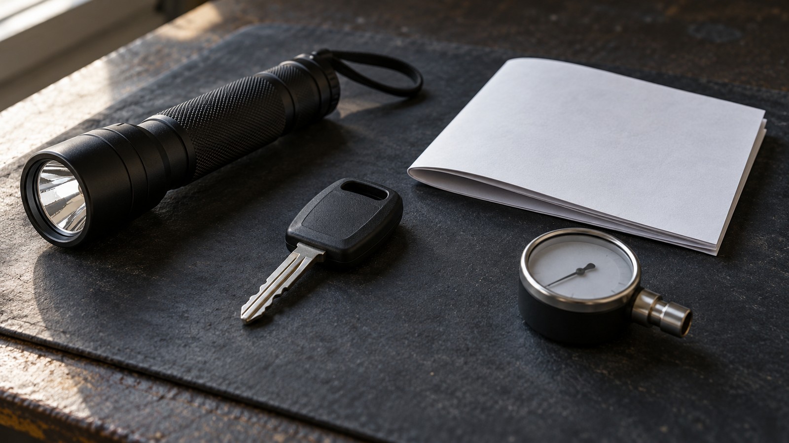 AI-generated editorial image of a flashlight, an unbranded key, a blank service record and a gauge on a workbench mat; not a Stuttgart Motors photograph.