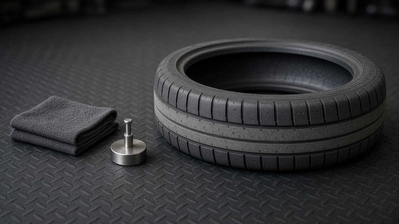 AI-generated editorial image of a performance tire with a worn band of tread, a folded shop towel and a small steel gauge on a workbench mat; not a Stuttgart Motors photograph.
