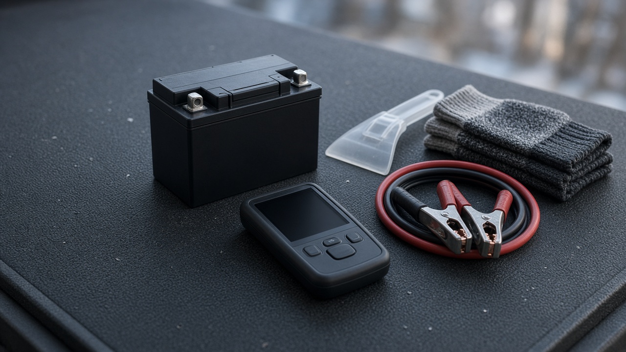 AI-generated editorial image of an unbranded car battery, a battery tester, jumper cables, an ice scraper and knit gloves on a workbench mat; not a Stuttgart Motors photograph.