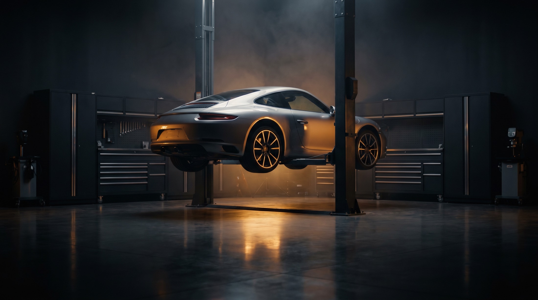 Sports coupe raised on a two post lift in a dark service bay