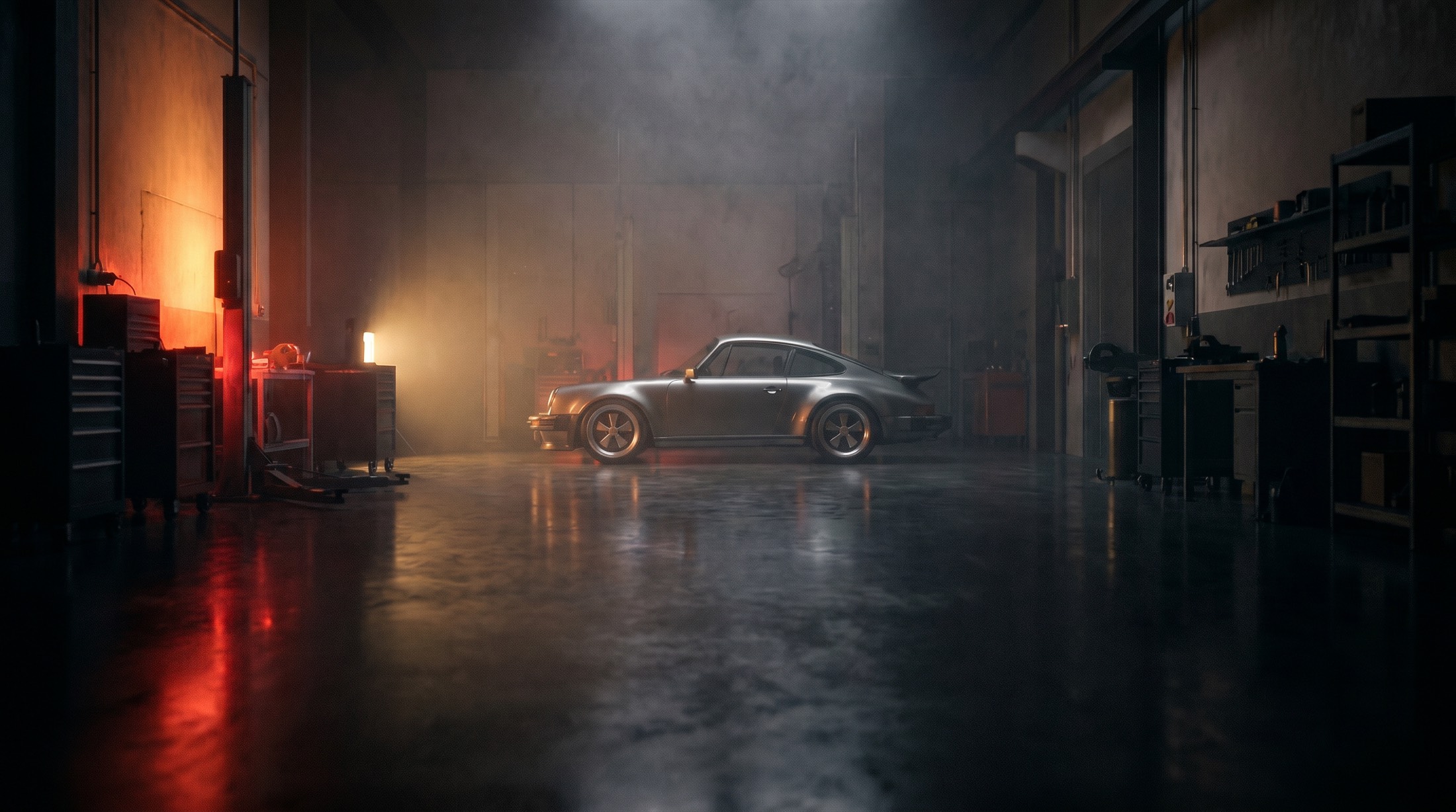 Classic sports coupe parked in a dark workshop lit by warm lamps