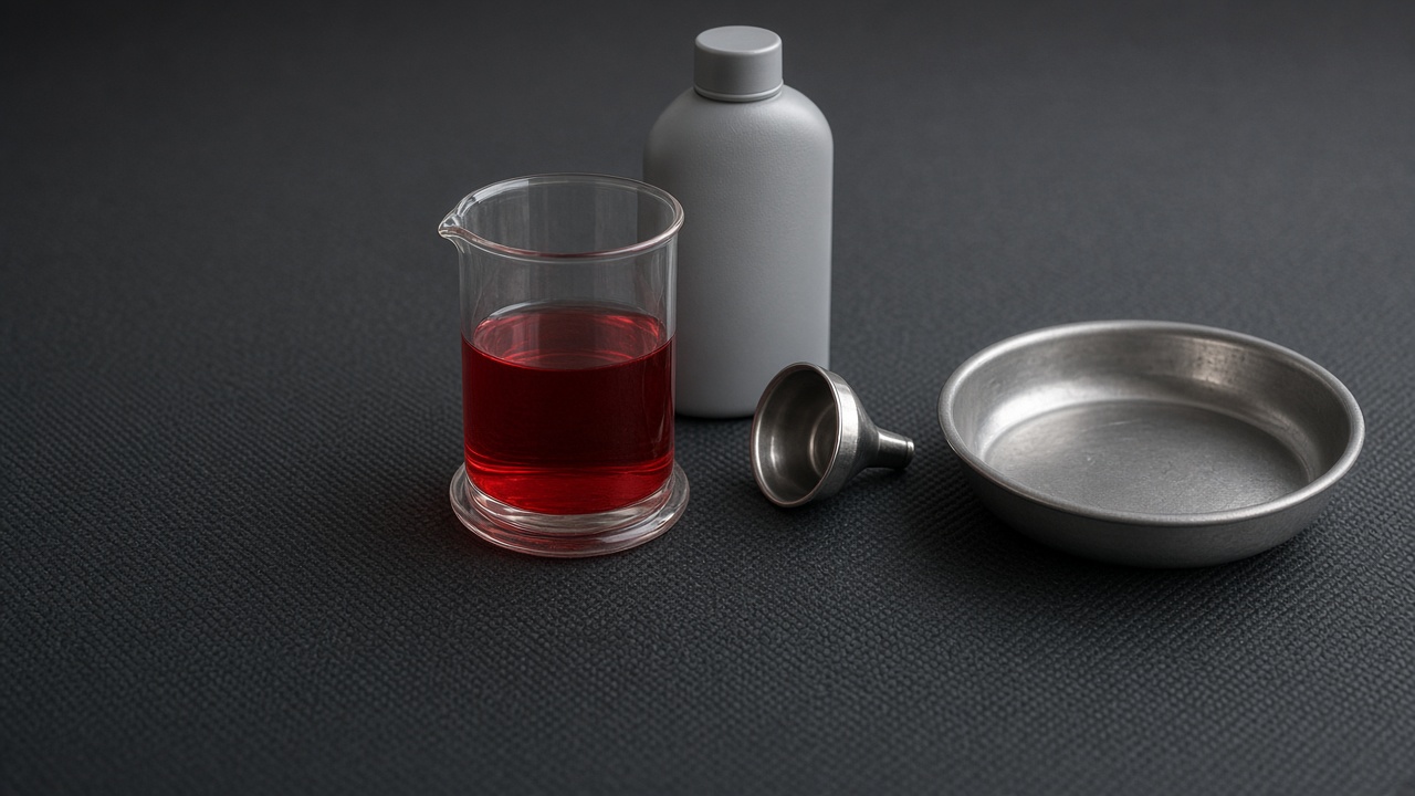 AI-generated editorial image of a glass beaker of red transmission fluid, an unmarked fluid bottle, a funnel and a drain pan on a workbench mat; not a Stuttgart Motors photograph.