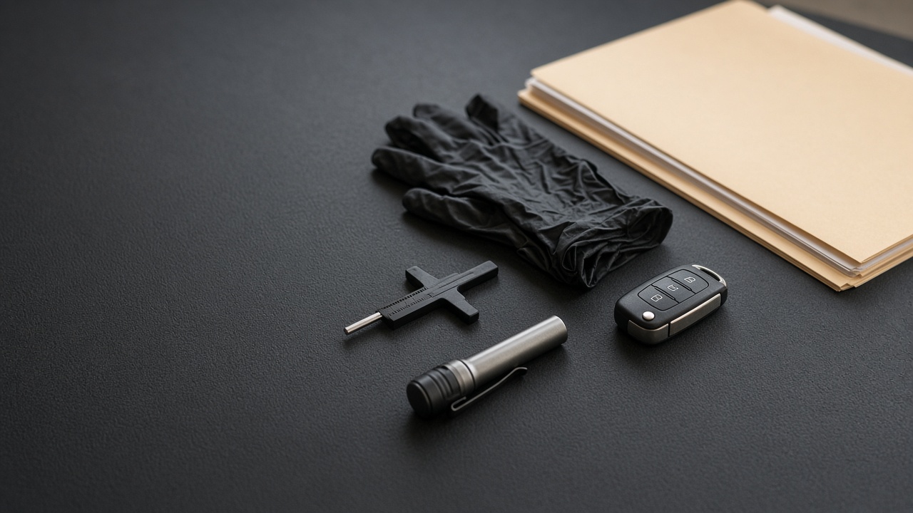 AI-generated editorial image of a flashlight, a tire tread depth gauge, gloves, an unbranded car key and a folder of records on a workbench mat; not a Stuttgart Motors photograph.